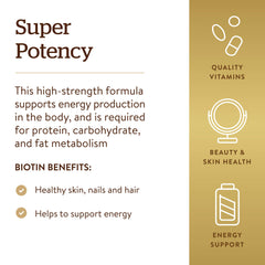 Solgar Biotin 5000 mcg capsules support metabolism for energy.