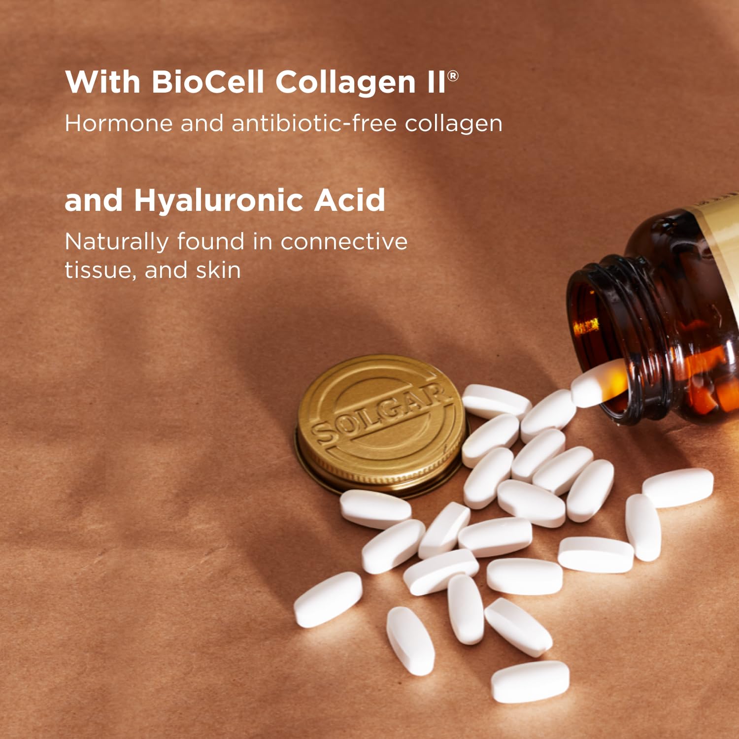 Solgar bottle with glass of water suggests daily hydration and post-exercise joint support.