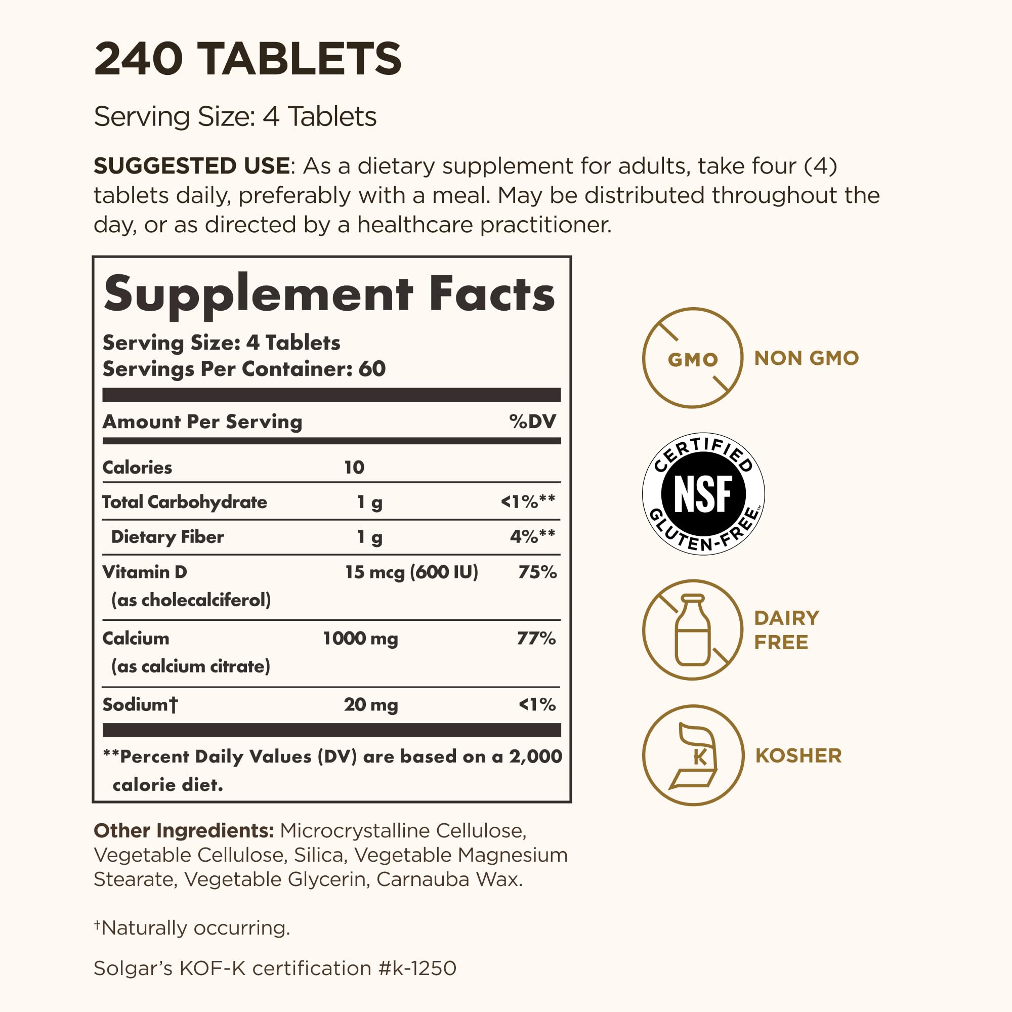 Solgar Calcium Citrate with Vitamin D3 bottle back label highlights non-GMO and gluten-free features