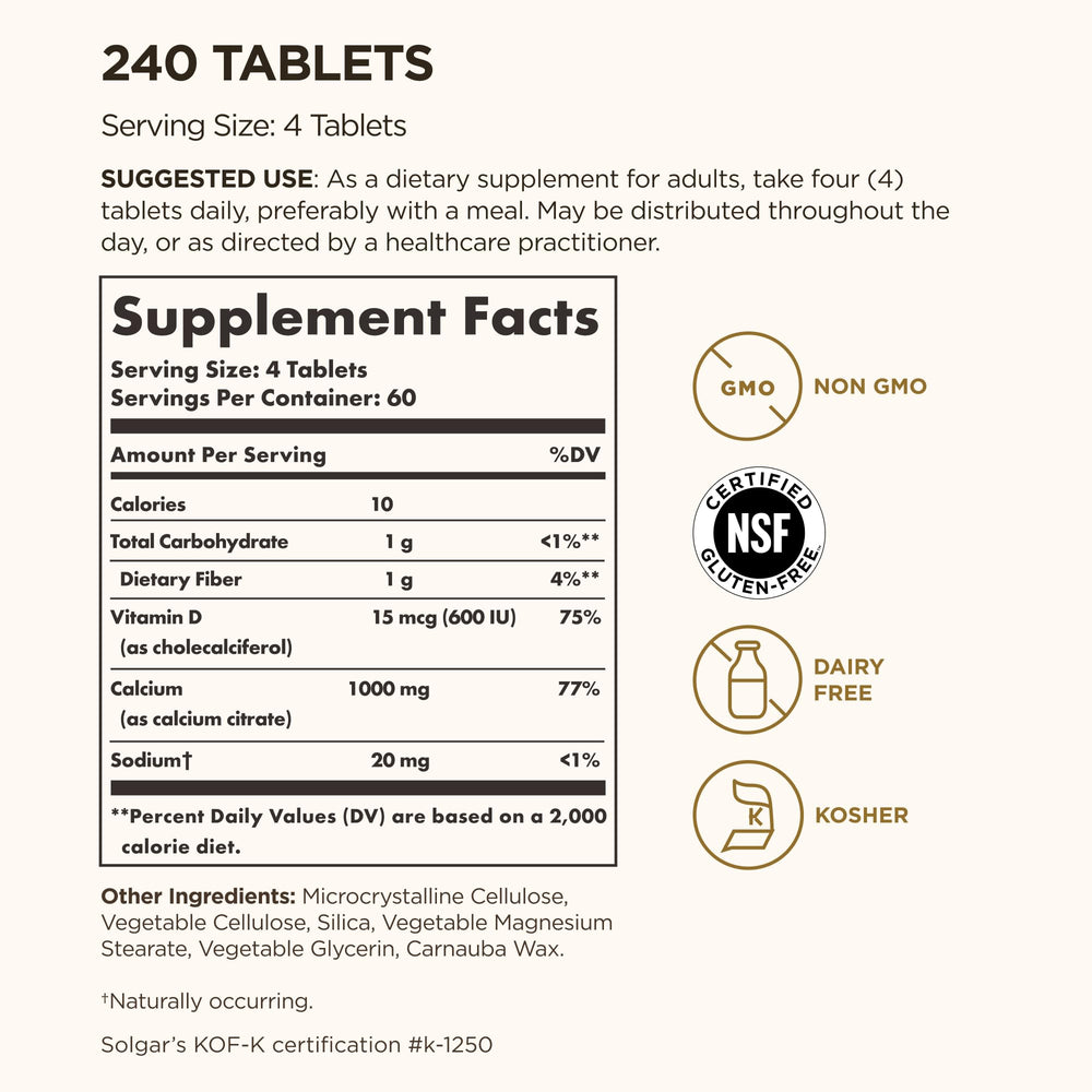 Solgar Calcium Citrate with Vitamin D3 bottle back label highlights non-GMO and gluten-free features