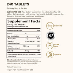 Solgar Calcium Citrate with Vitamin D3 bottle back label highlights non-GMO and gluten-free features