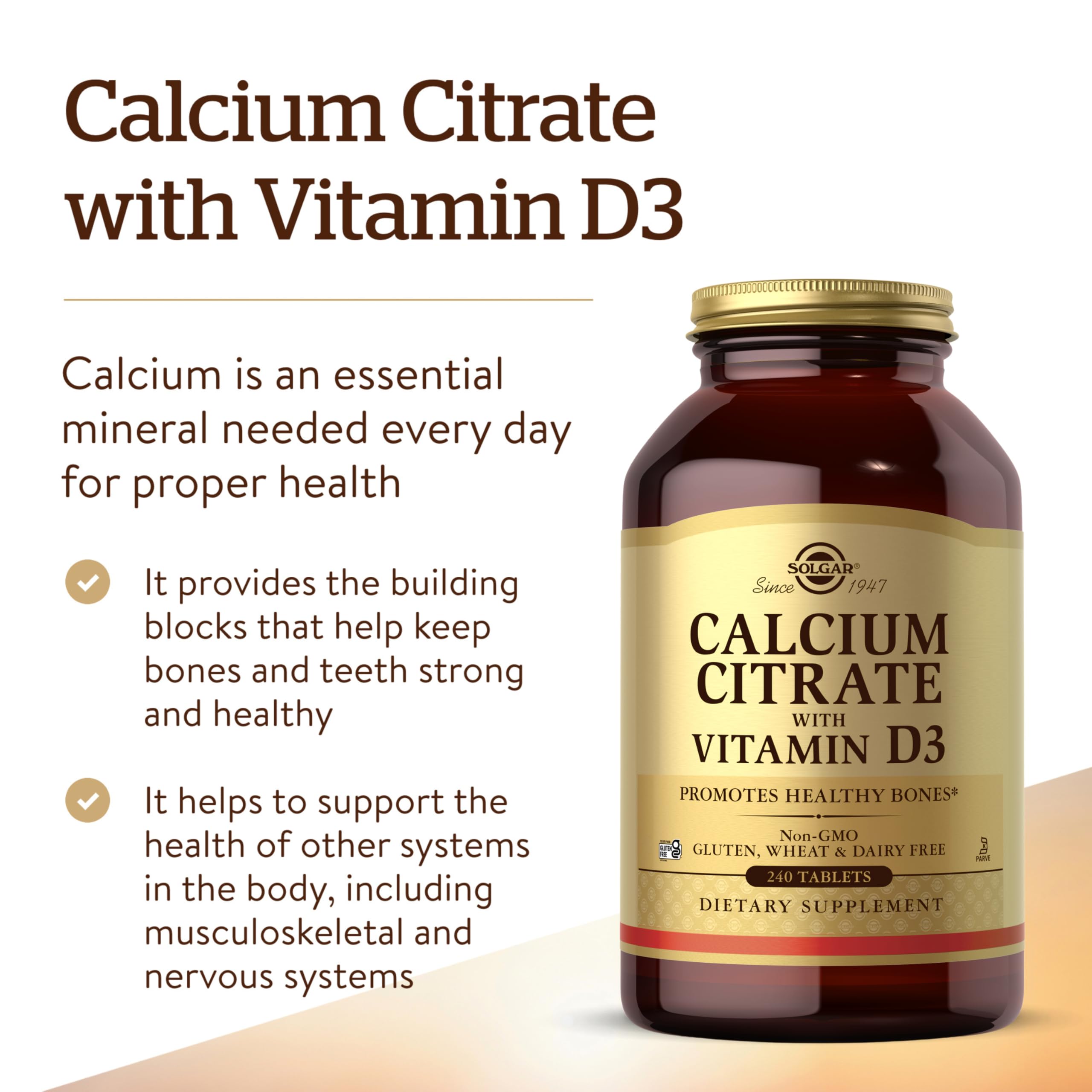 Solgar Calcium Citrate tablets close-up showing compact, easy-to-take form for daily use