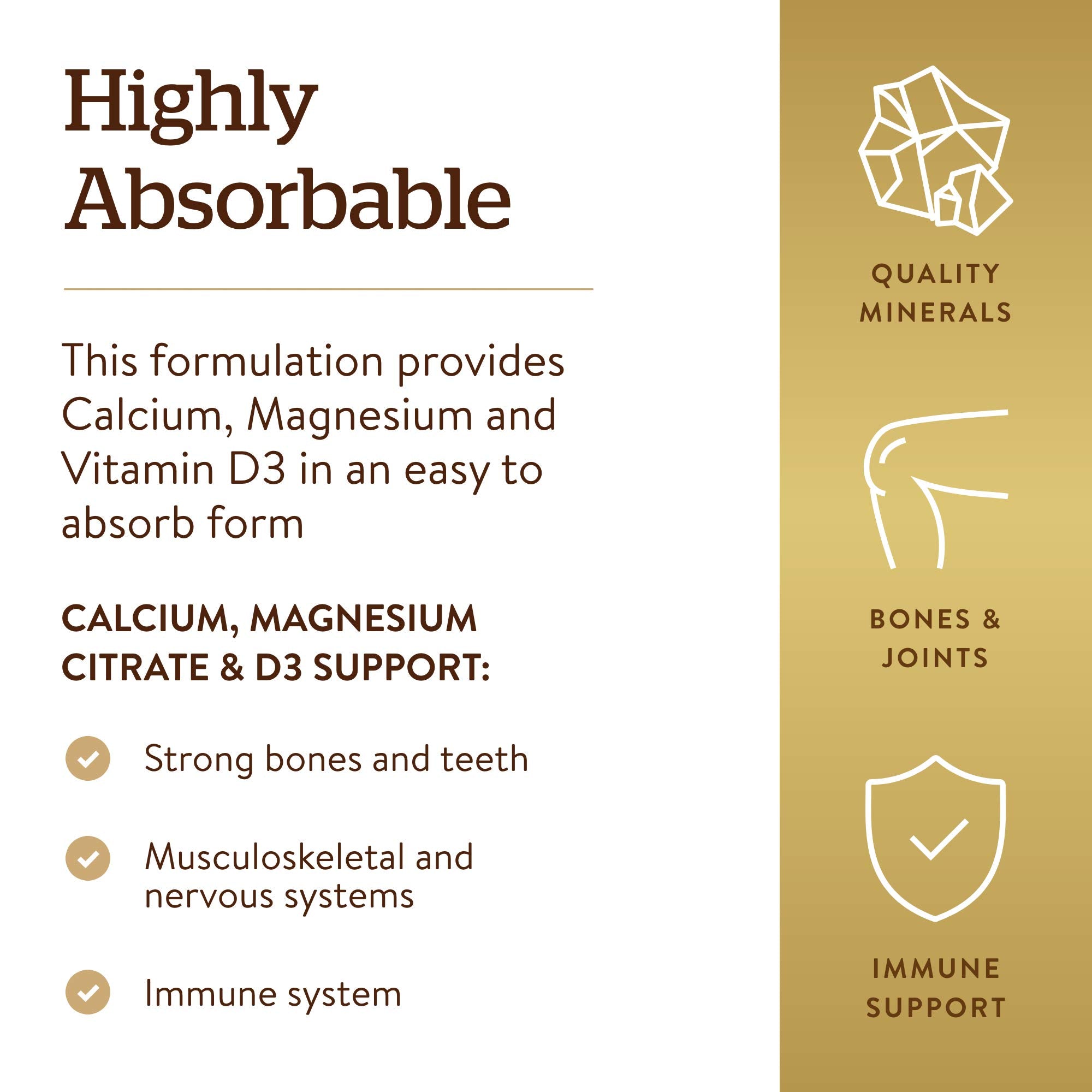 Solgar Calcium Magnesium D3 tablets arranged on white surface for daily nerve support.