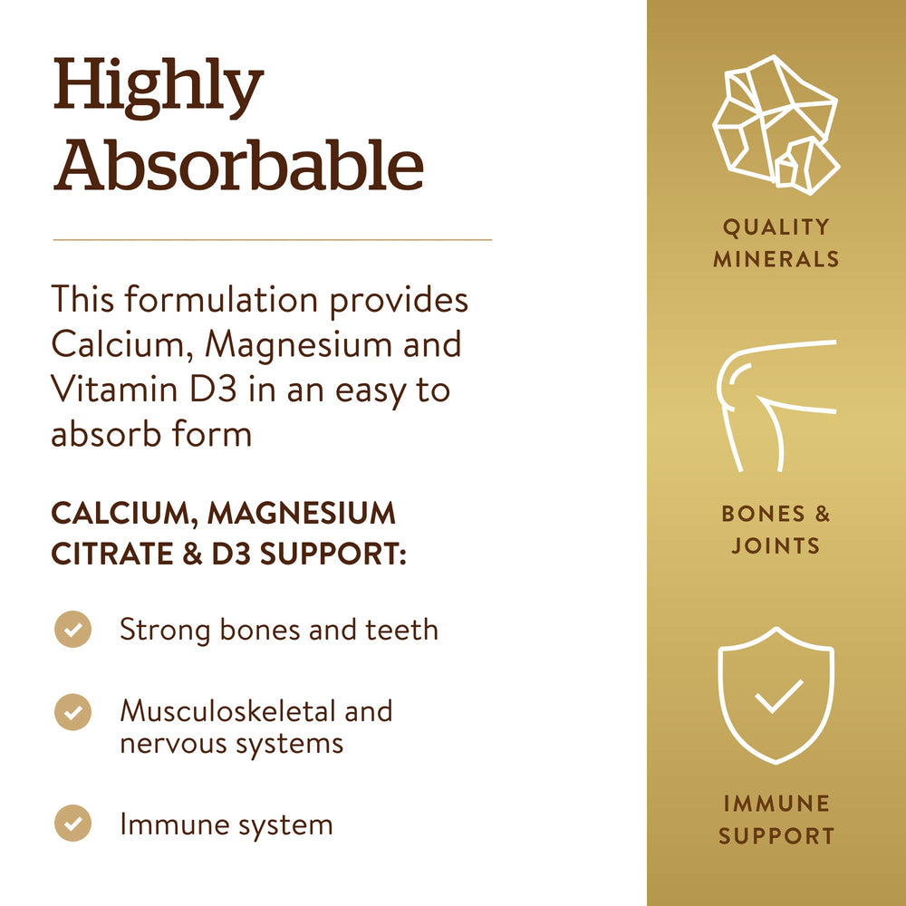 Solgar Calcium Magnesium D3 tablets arranged on white surface for daily nerve support.