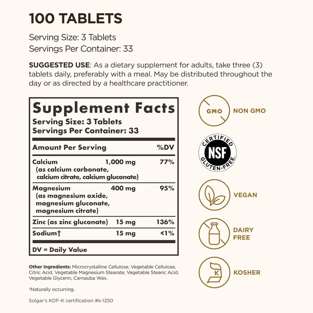 Solgar Calcium Magnesium Plus Zinc capsules for daily bone and muscle support.
