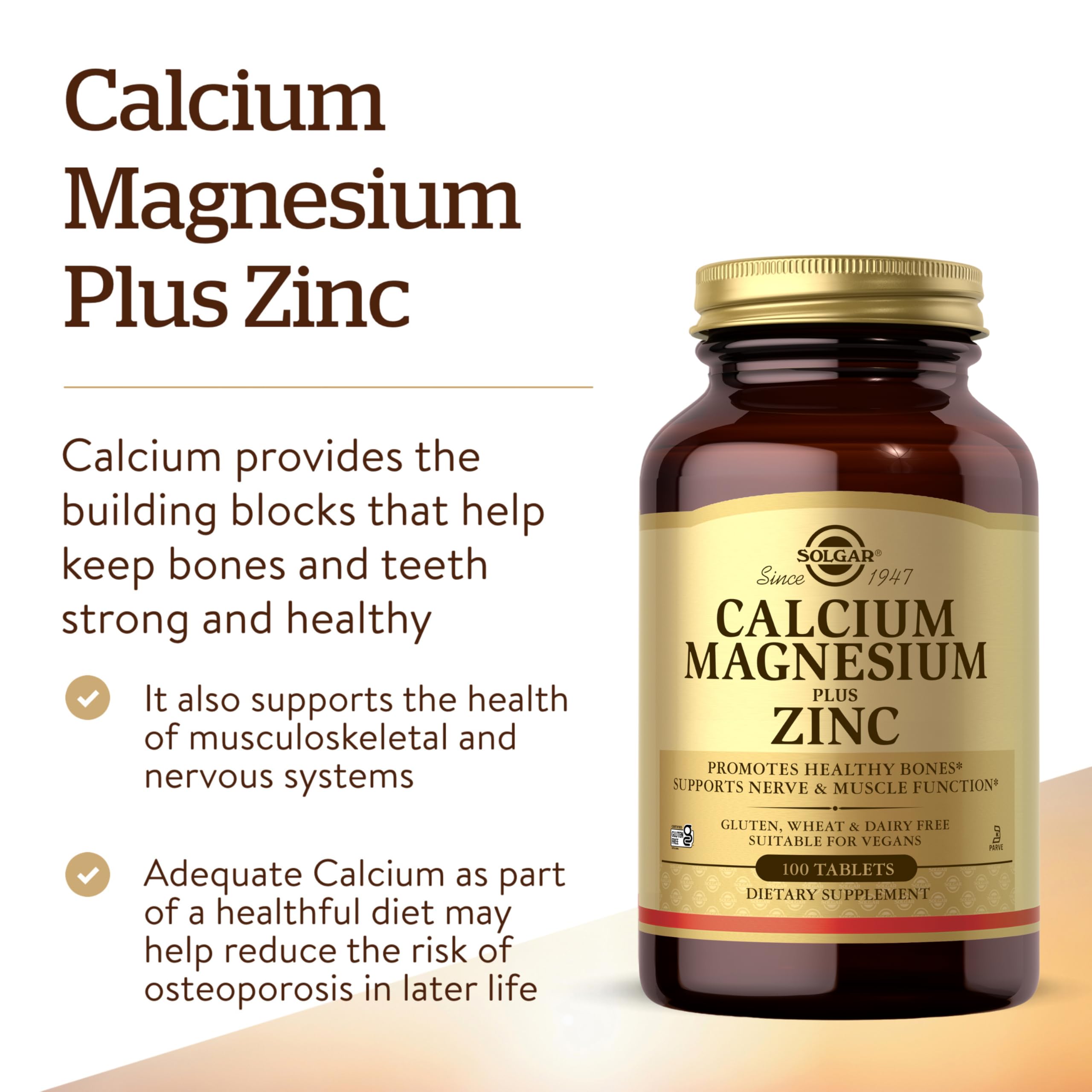 Close-up of Solgar label on Calcium Magnesium Plus Zinc bottle.