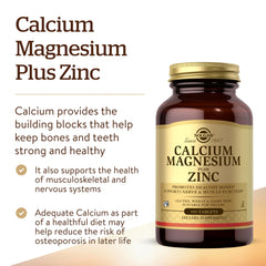Close-up of Solgar label on Calcium Magnesium Plus Zinc bottle.