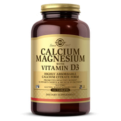 Solgar Calcium Magnesium with Vitamin D3 bottle on white background highlighting bone support potential.