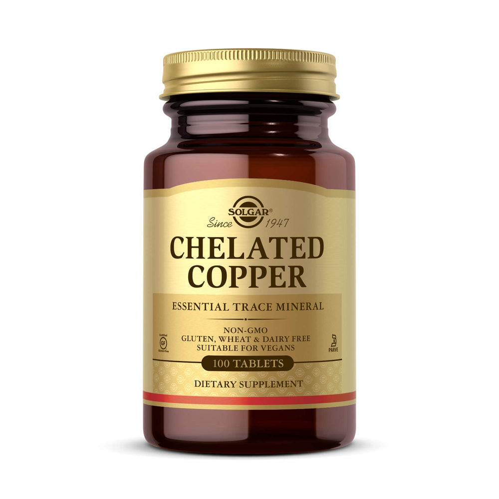 Solgar Chelated Copper bottle label with clear ingredients for daily use and connective tissue support.