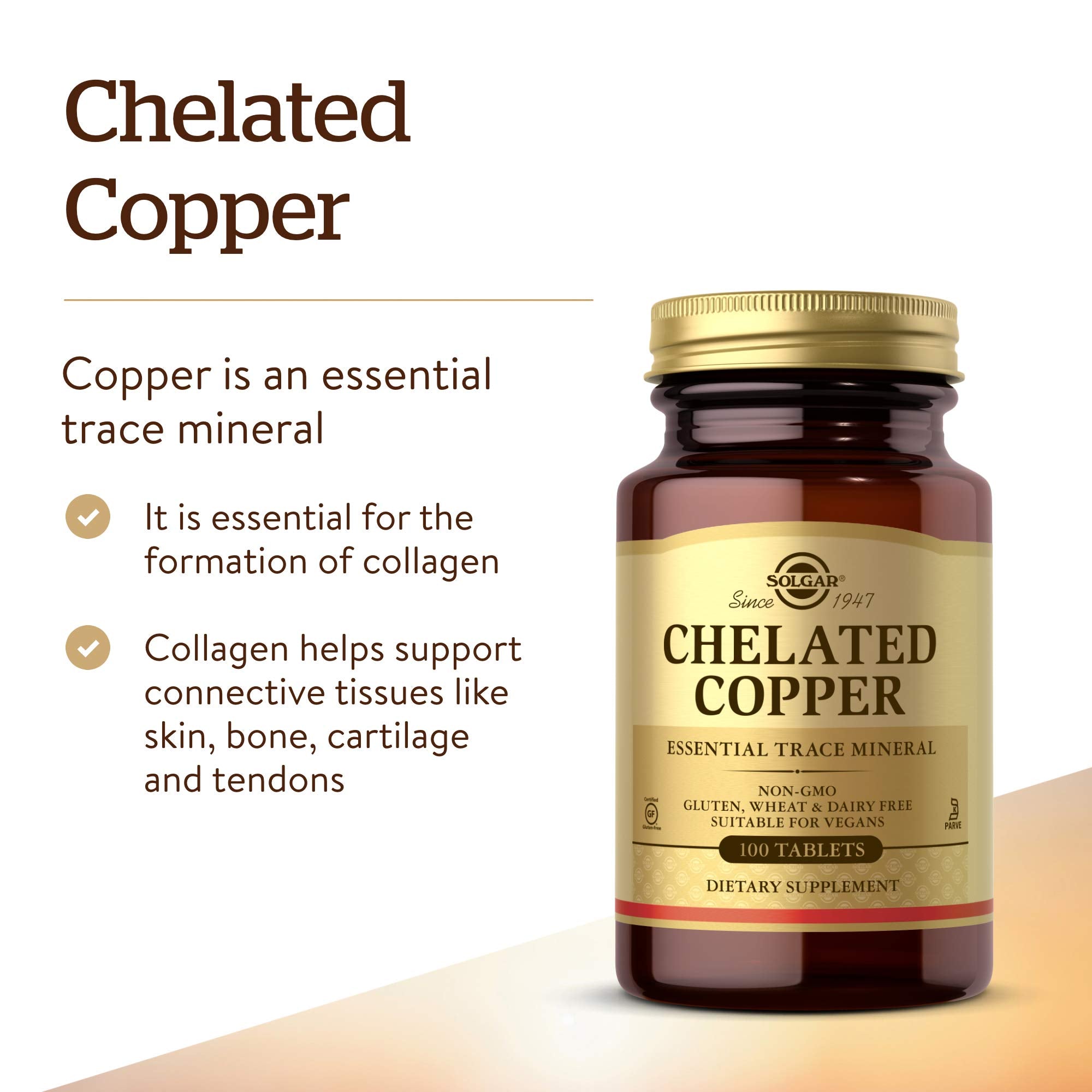 Solgar Chelated Copper gluten-free and kosher badge on packaging.