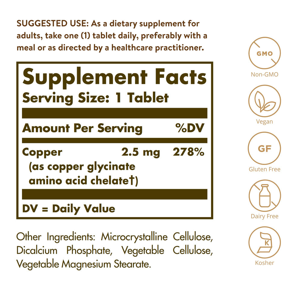 Solgar Chelated Copper tablet closeup highlighting compact dosage for daily supplementation.