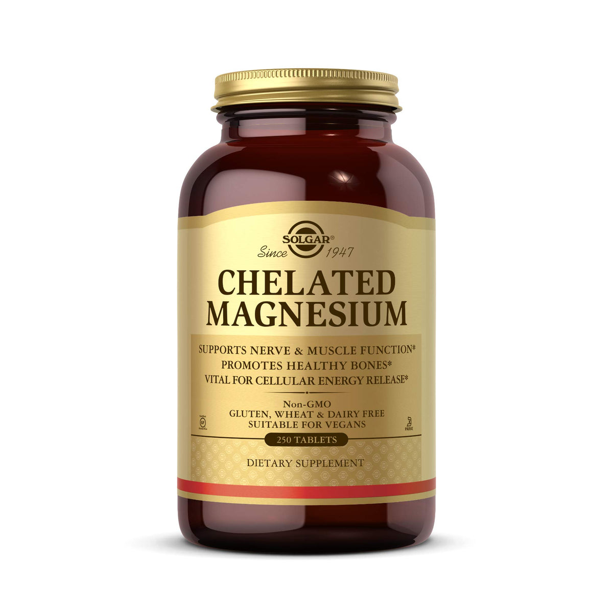Solgar Chelated Magnesium bottle front showing a non-GMO vegan formula for daily mineral support.