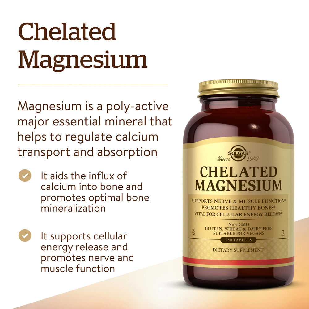 Solgar Chelated Magnesium dosage close-up illustrating simple daily intake.
