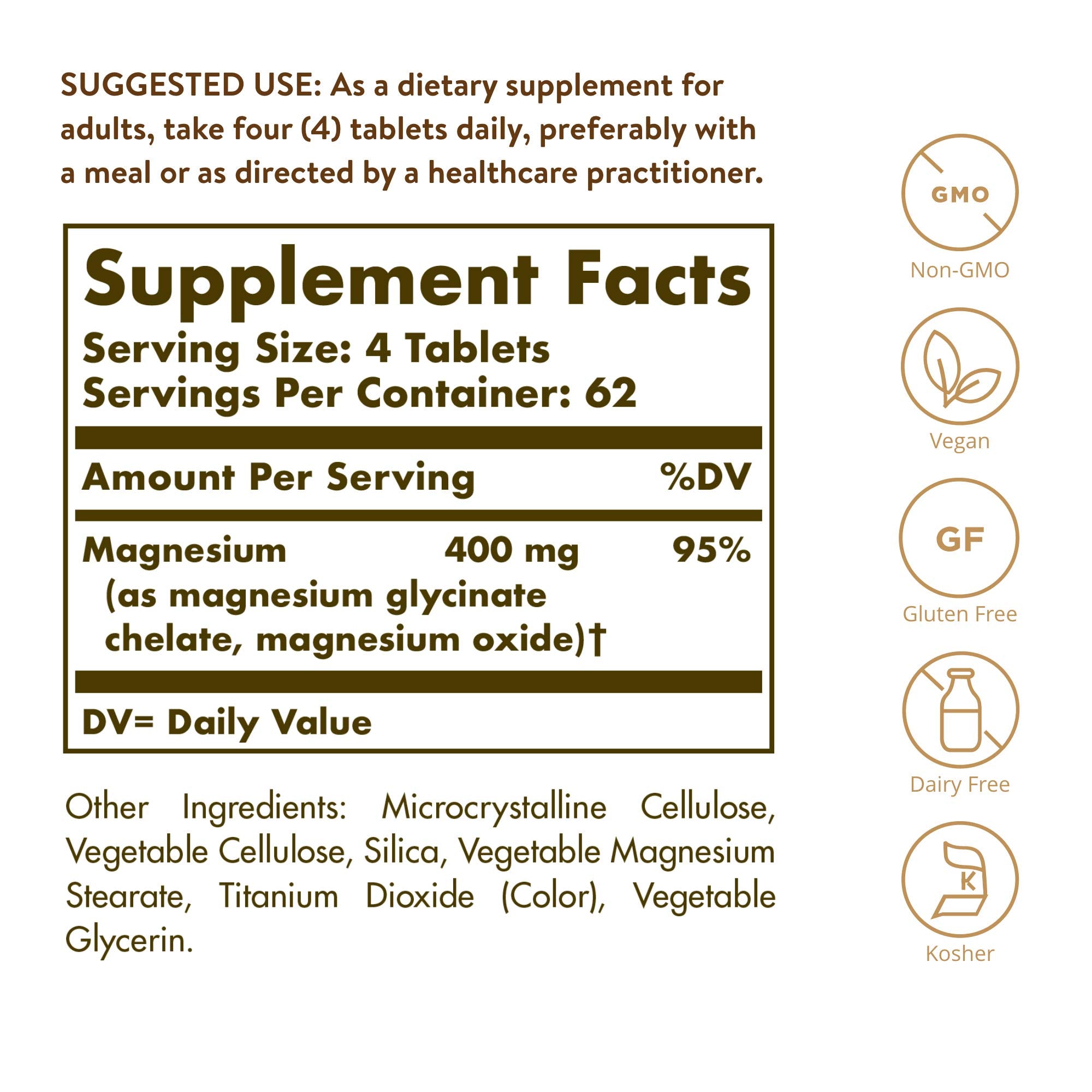 Solgar Chelated Magnesium ingredients label highlights gluten-free and vegan formula.