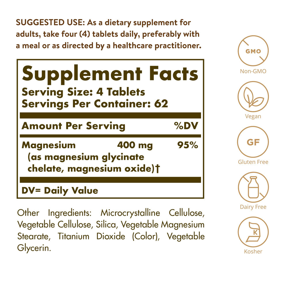 Solgar Chelated Magnesium ingredients label highlights gluten-free and vegan formula.