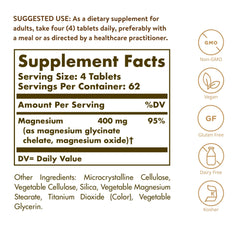 Solgar Chelated Magnesium ingredients label highlights gluten-free and vegan formula.