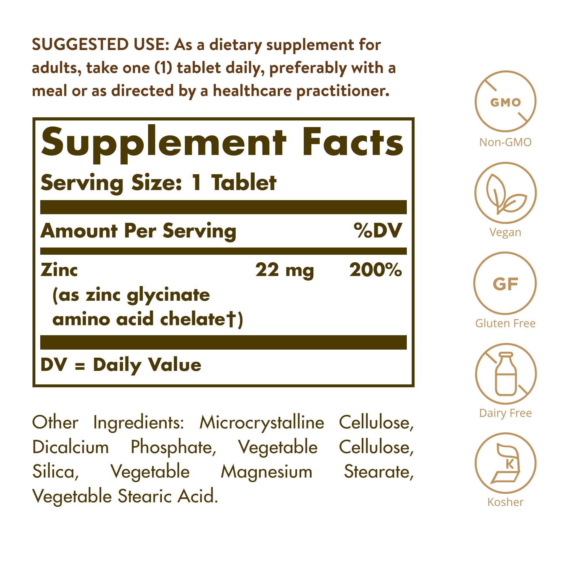 Solgar Chelated Zinc bottle back highlights vegan, non-GMO, gluten-free attributes