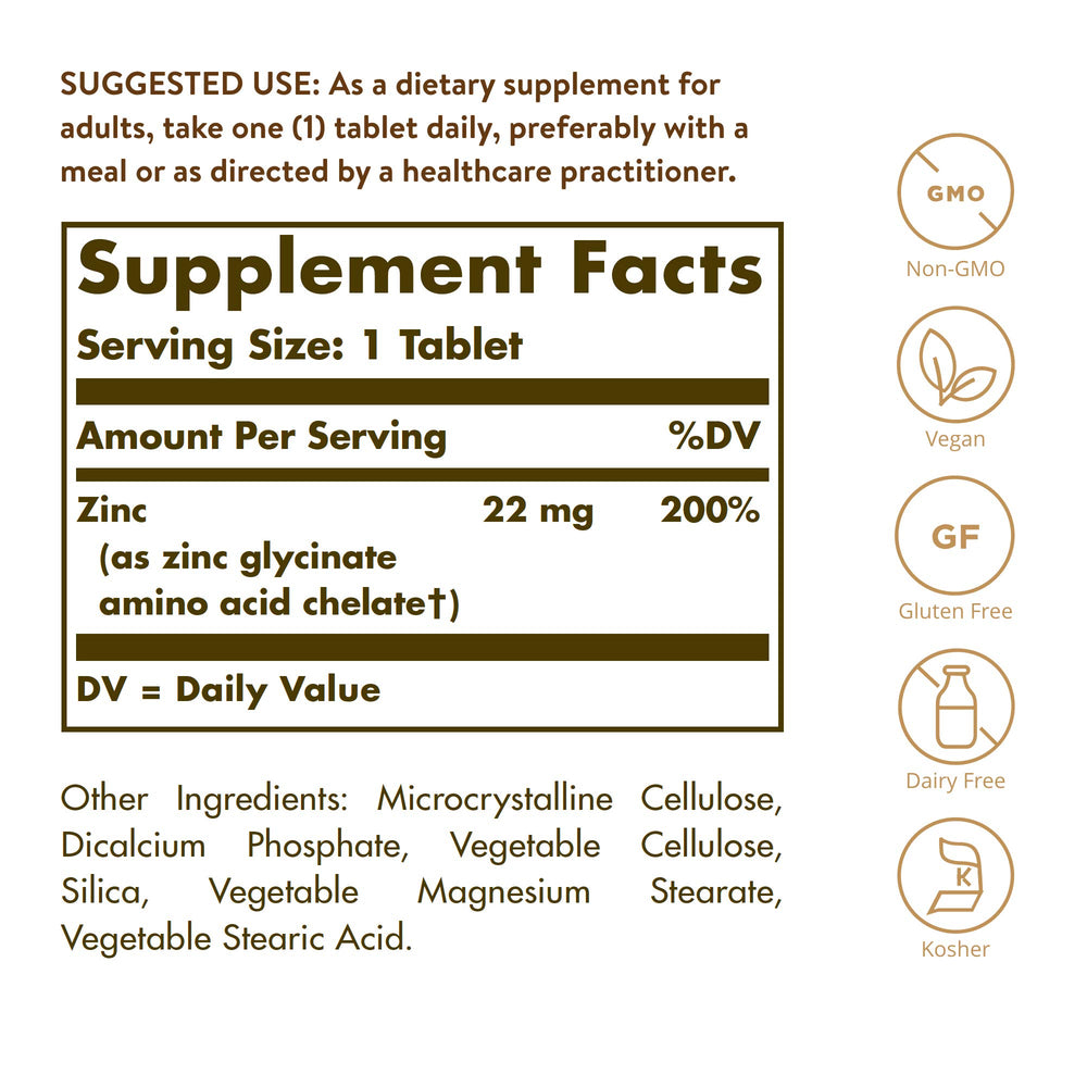 Solgar Chelated Zinc bottle back highlights vegan, non-GMO, gluten-free attributes