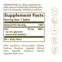 Solgar Chelated Zinc bottle back highlights vegan, non-GMO, gluten-free attributes