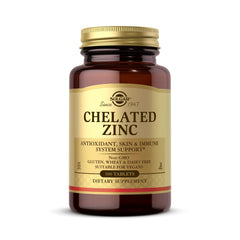 Solgar chelated zinc tablets bottle highlighting immune support and daily wellness.
