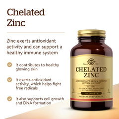Close-up of Solgar Chelated Zinc tablets showing easy-to-swallow form