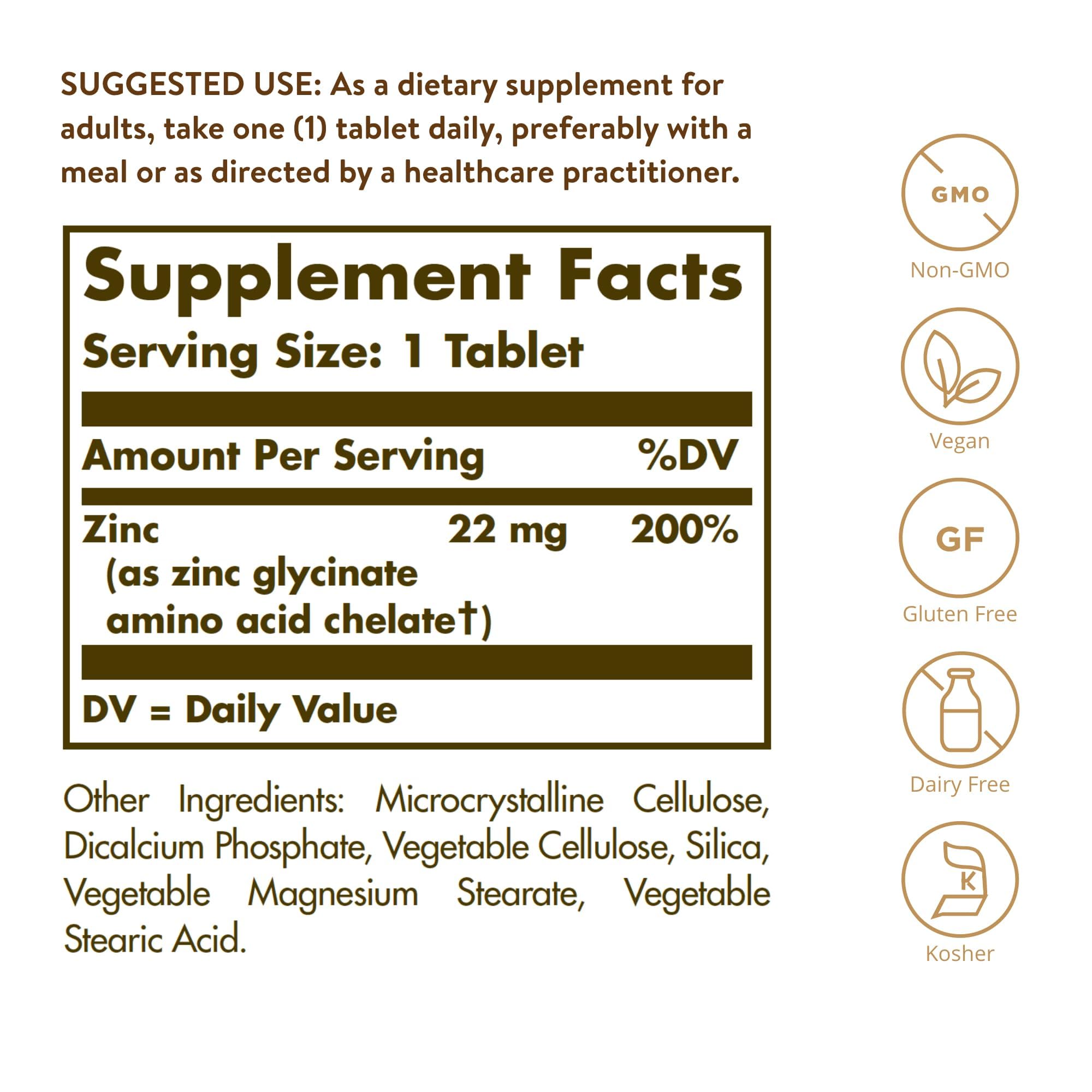 Solgar chelated zinc tablets label closeup shows precise zinc formulation benefits.