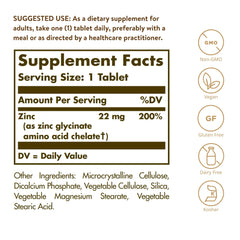 Solgar chelated zinc tablets label closeup shows precise zinc formulation benefits.