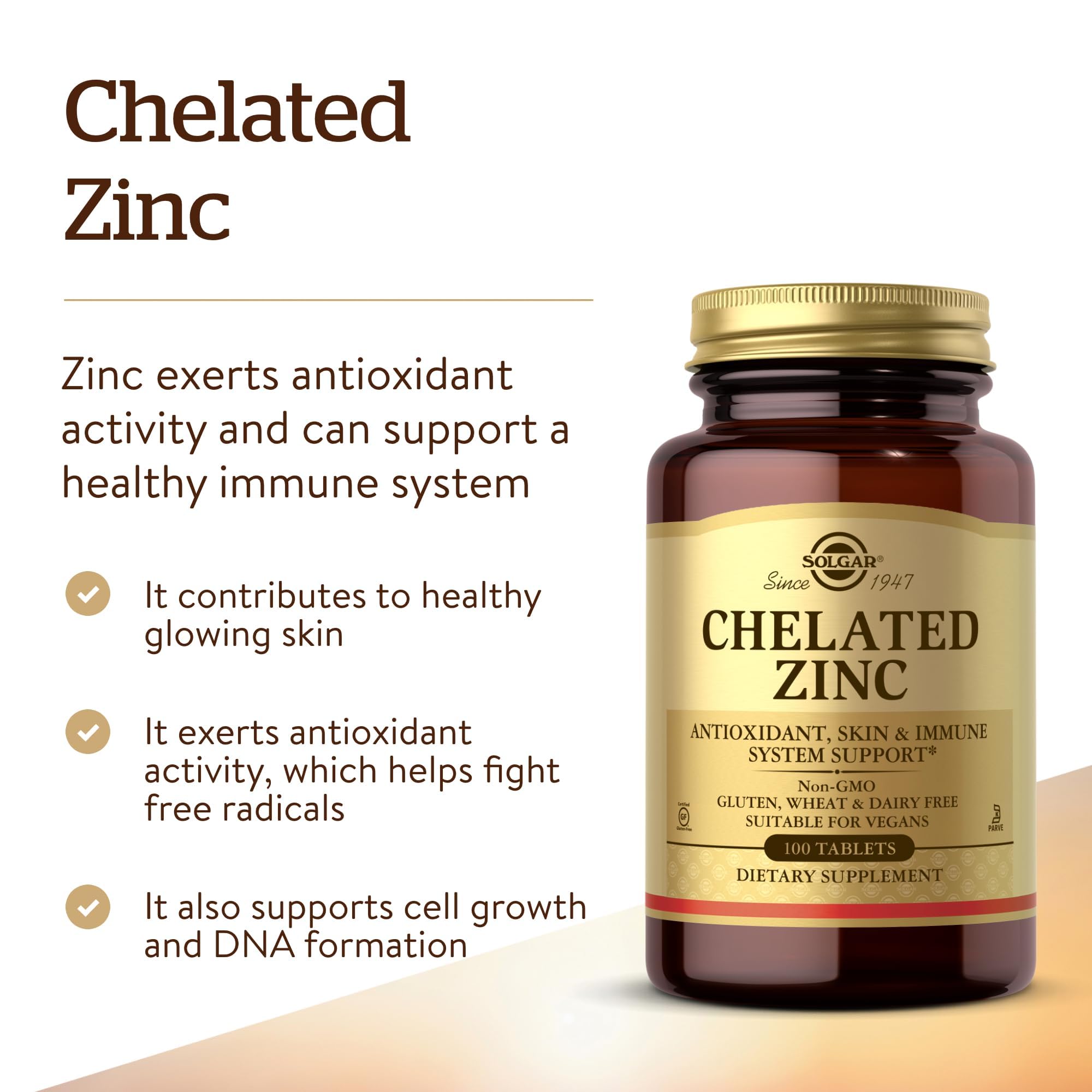 Solgar chelated zinc tablets pour depicts easy daily intake.