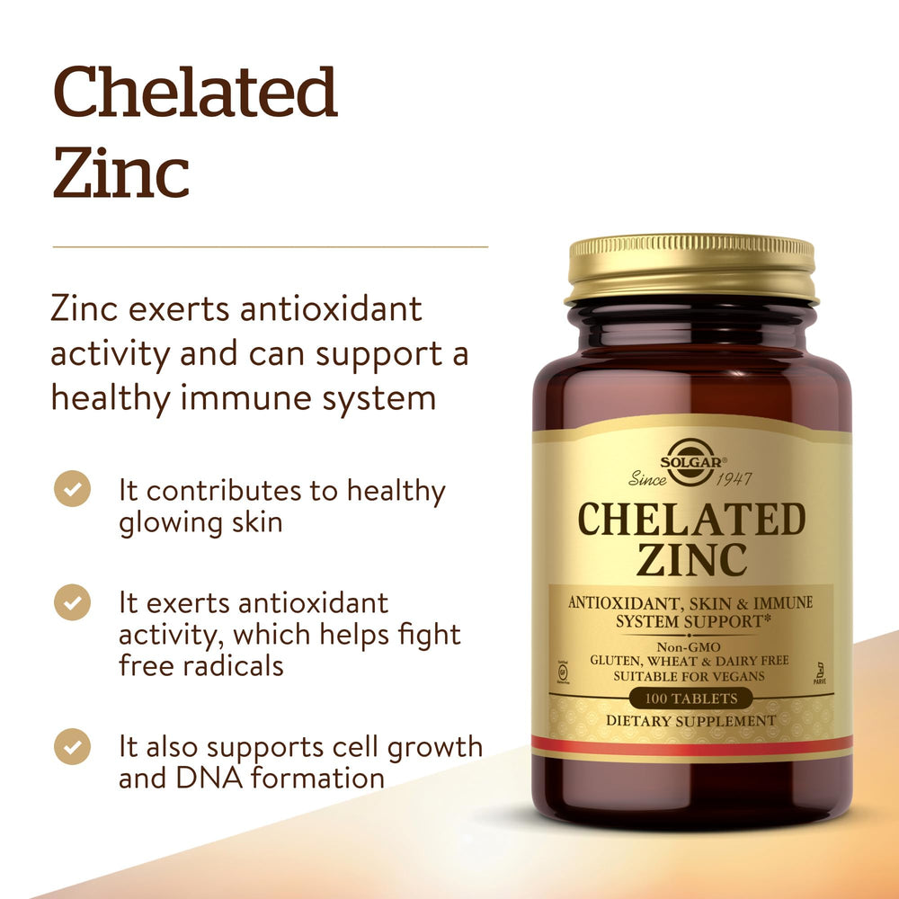 Solgar chelated zinc tablets pour depicts easy daily intake.