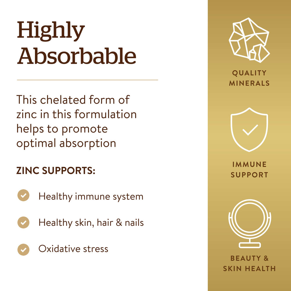 Solgar Chelated Zinc packaging shows vegan, gluten-free, and kosher certifications