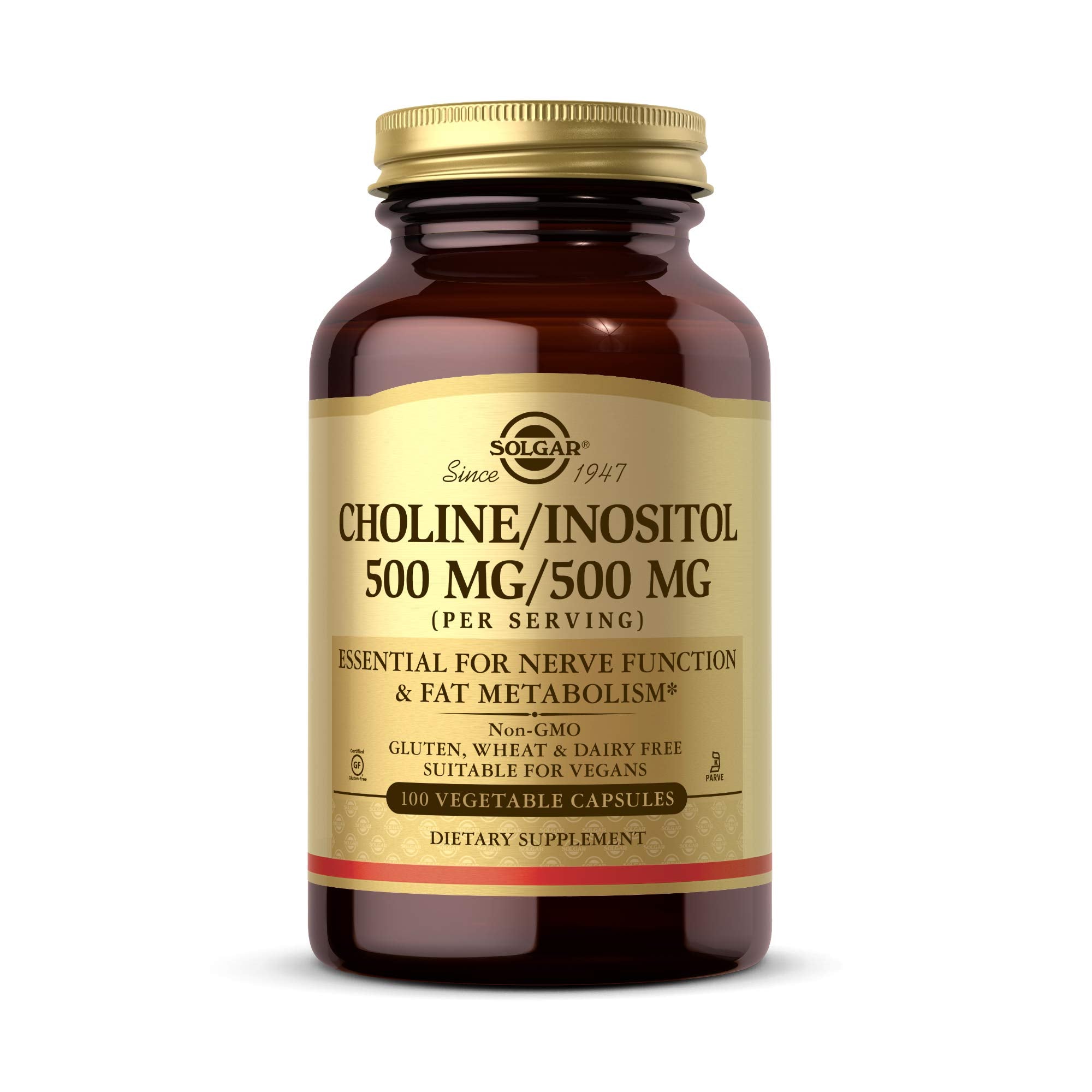 Solgar Choline/Inositol bottle front promoting energy metabolism and brain support.