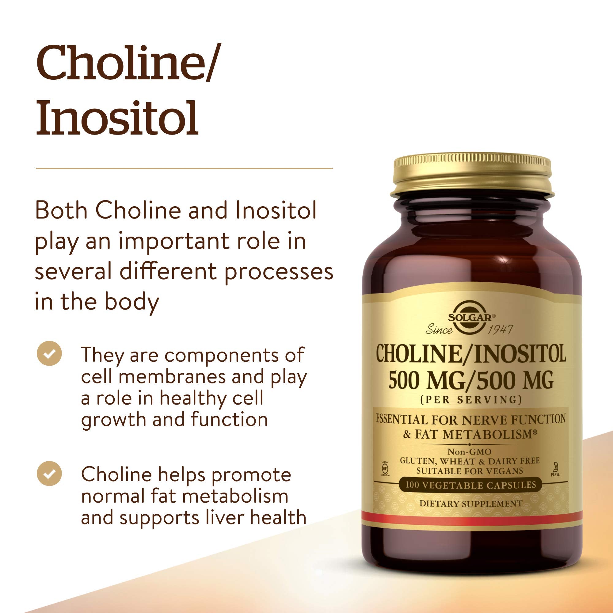 Solgar Choline/Inositol bottle pour shows easy daily intake.