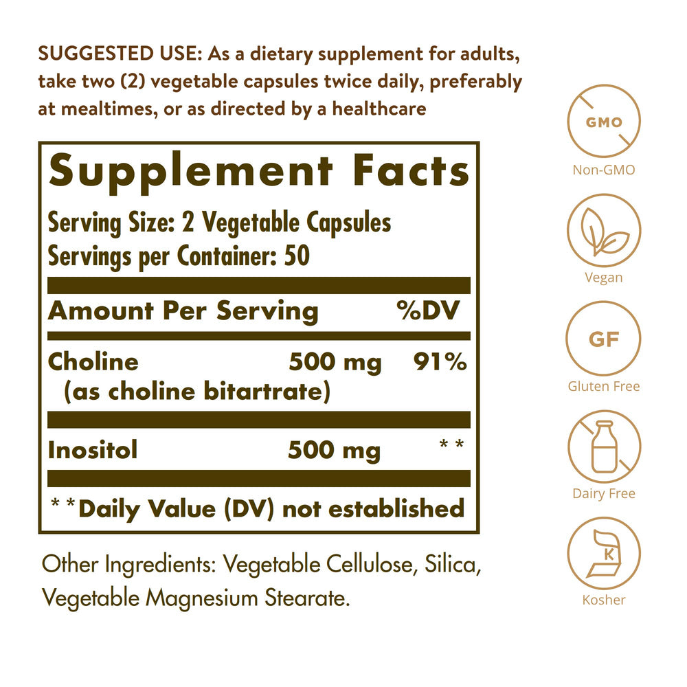 Solgar Choline/Inositol capsules closeup highlighting vegan, non-GMO formula.