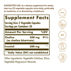 Solgar Choline/Inositol capsules closeup highlighting vegan, non-GMO formula.