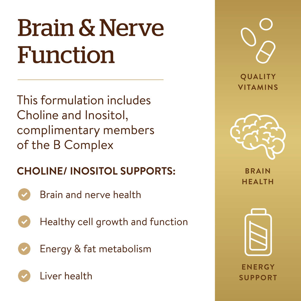 Solgar Choline/Inositol ingredient list outlines essential nutrients for cells.