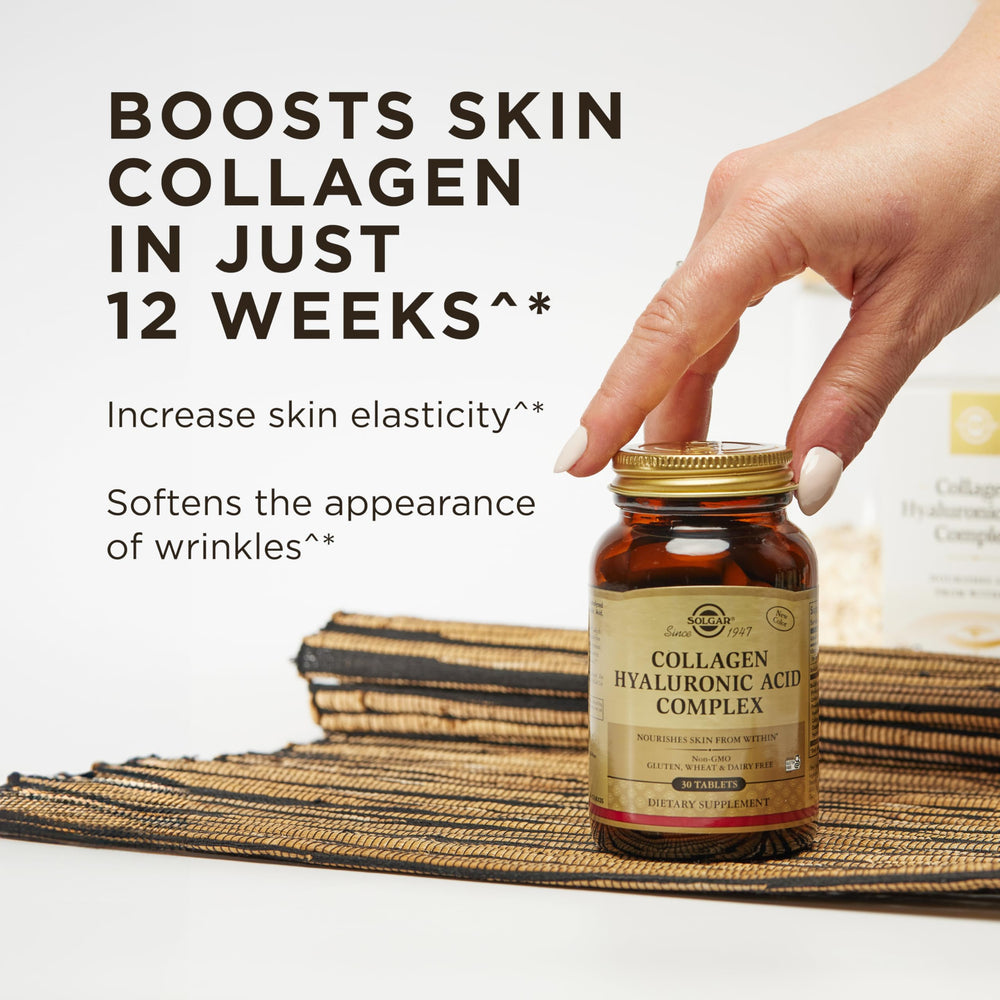 Solgar Collagen Hyaluronic Acid Complex label close-up showing clean ingredients