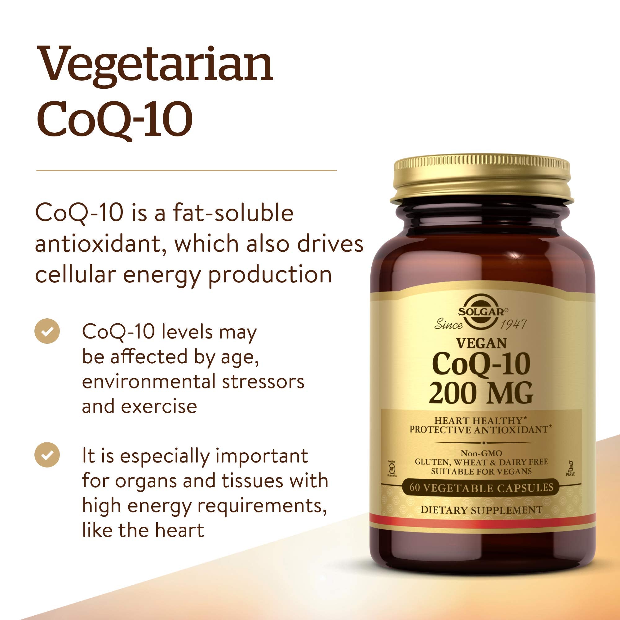 Solgar CoQ-10 vegetarian capsules outside the bottle for convenient daily use.