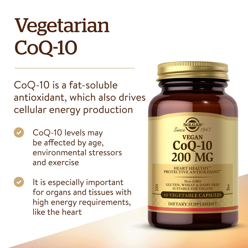 Solgar CoQ-10 vegetarian capsules outside the bottle for convenient daily use.