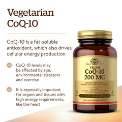 Solgar CoQ-10 vegetarian capsules outside the bottle for convenient daily use.