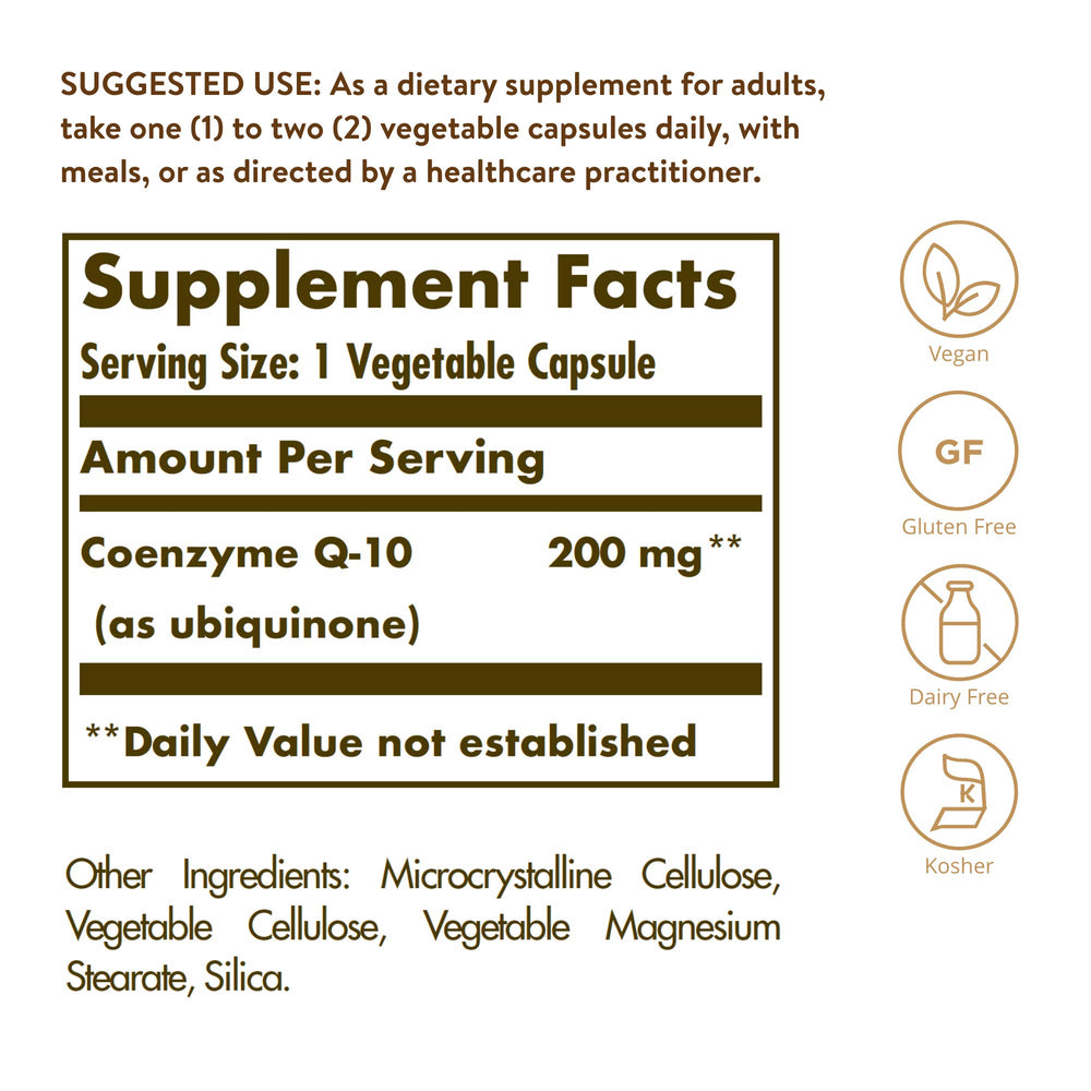 Solgar CoQ-10 label front showing vegan and gluten-free notes for shoppers.