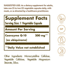 Solgar CoQ-10 label front showing vegan and gluten-free notes for shoppers.