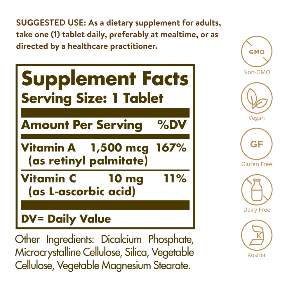 Solgar Dry Vitamin A 1500 mcg label emphasizes oil-free formula