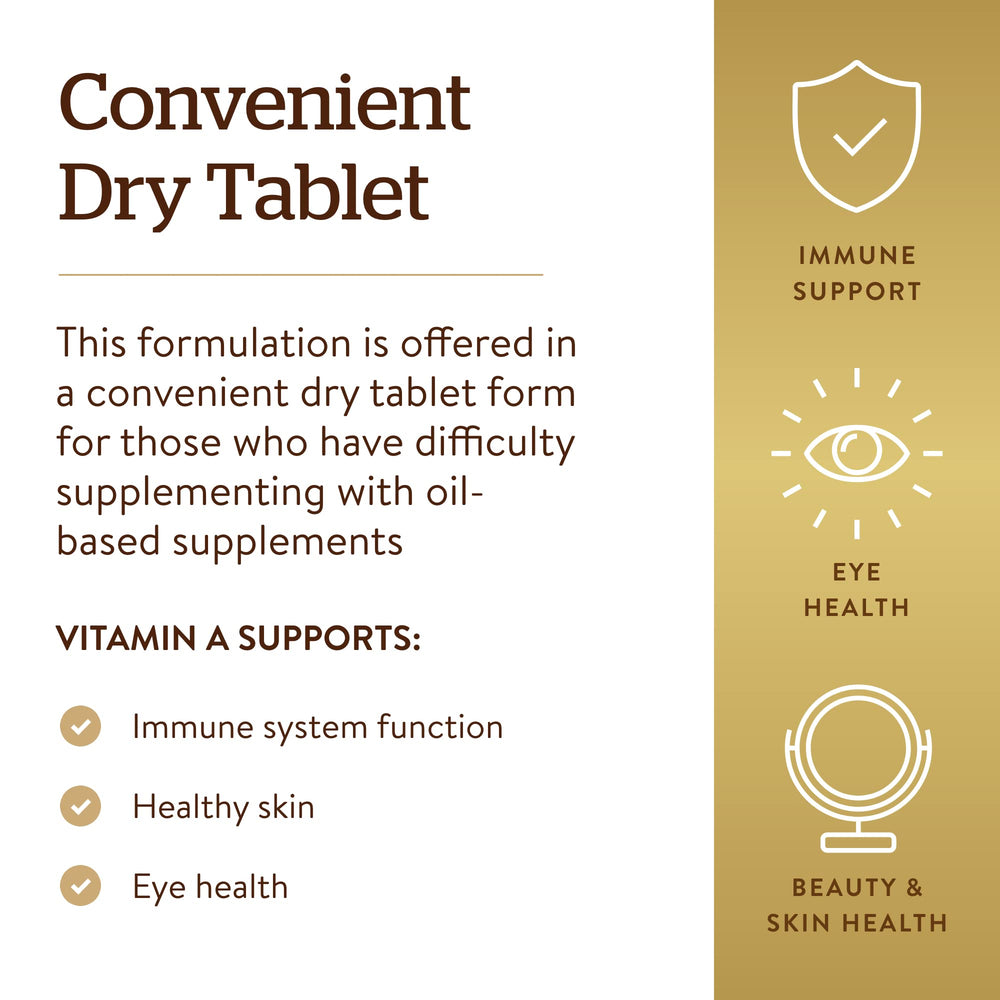 Closeup of Solgar Dry Vitamin A 1500 mcg tablets for easy daily intake