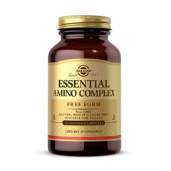 Solgar Essential Amino Complex bottle front view highlighting vegan formula for daily protein support.