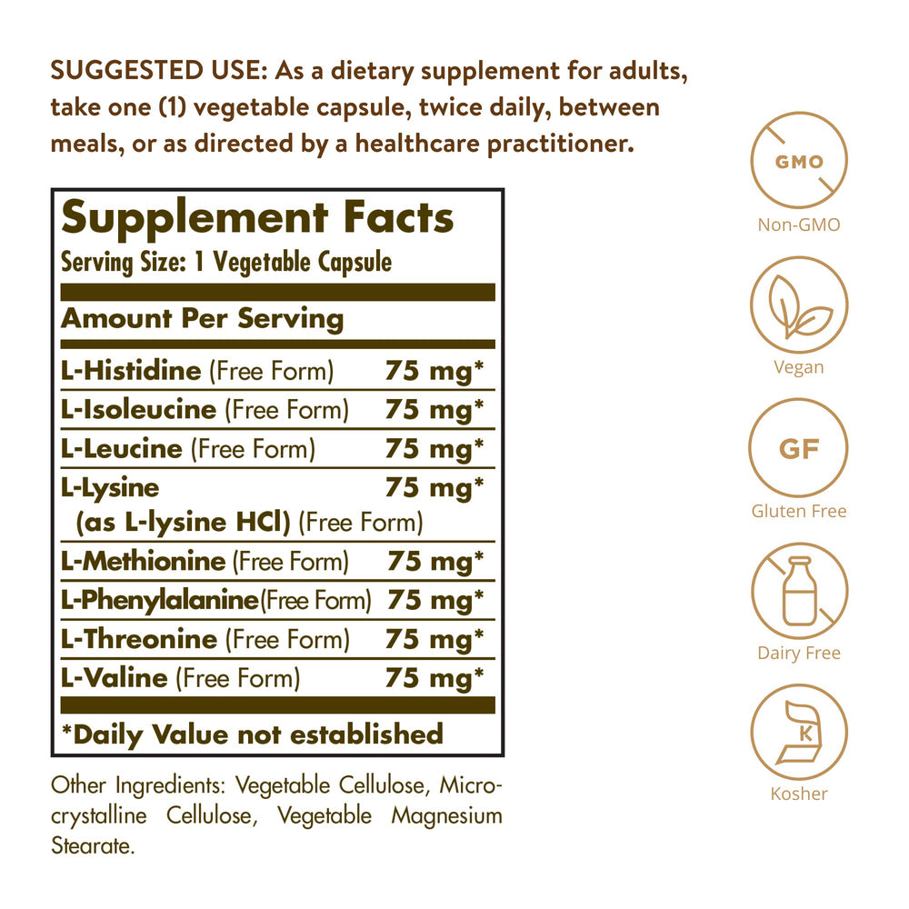 Solgar Essential Amino Complex bottle label close-up emphasizing non-GMO and gluten-free features.