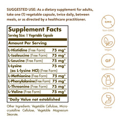 Solgar Essential Amino Complex bottle label close-up emphasizing non-GMO and gluten-free features.