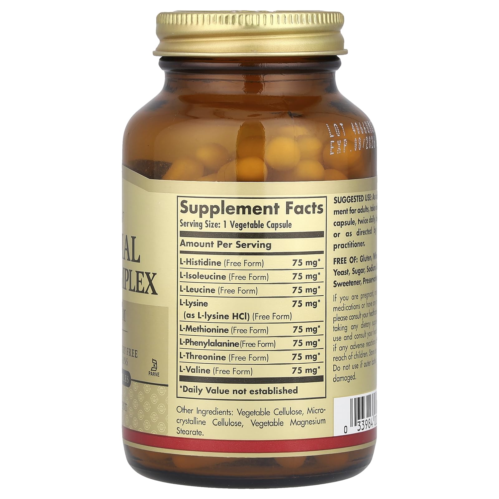 Solgar Essential Amino Complex capsules close-up showing vegan serving size.