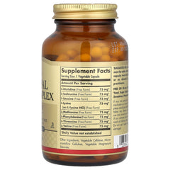 Solgar Essential Amino Complex capsules close-up showing vegan serving size.