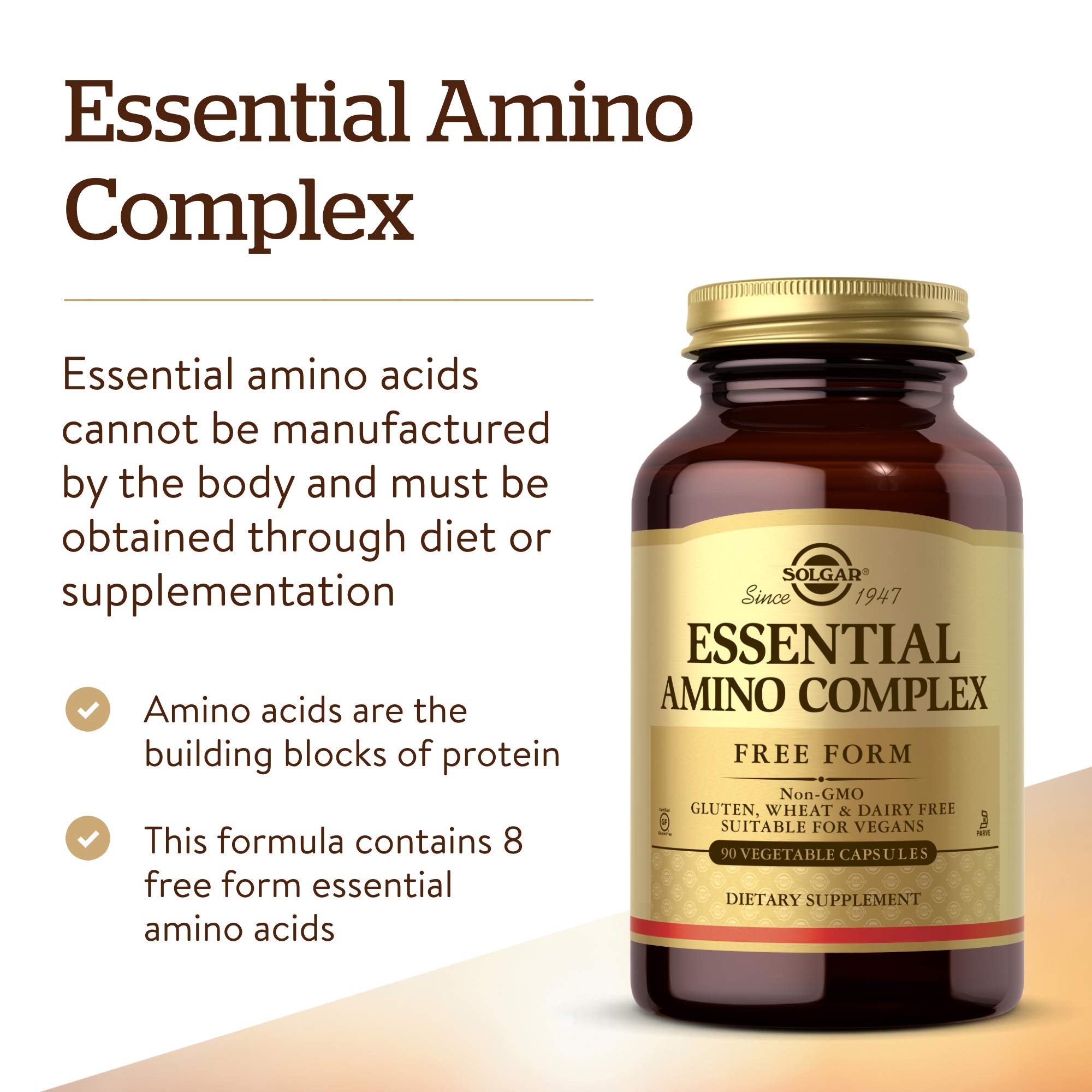 Solgar Essential Amino Complex capsules pour shot demonstrating easy daily dosing.