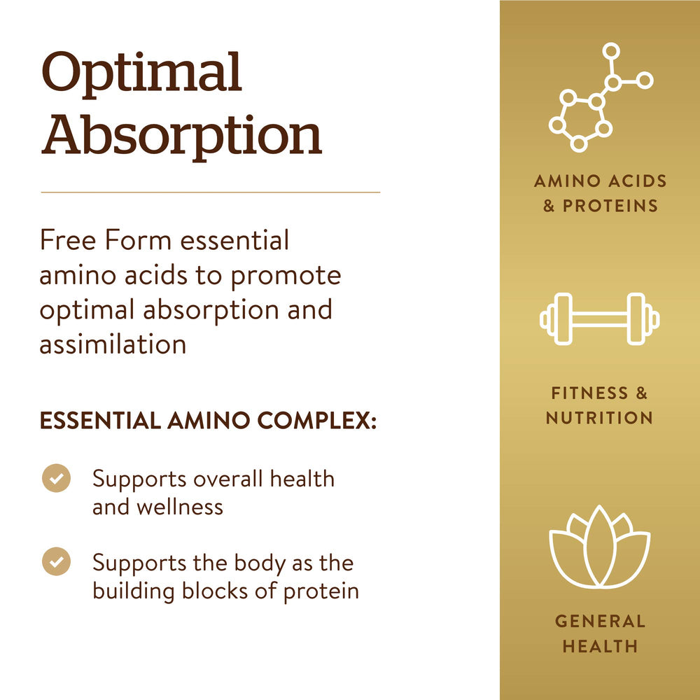 Solgar Essential Amino Complex ingredient panel emphasizing purity and small-batch production.